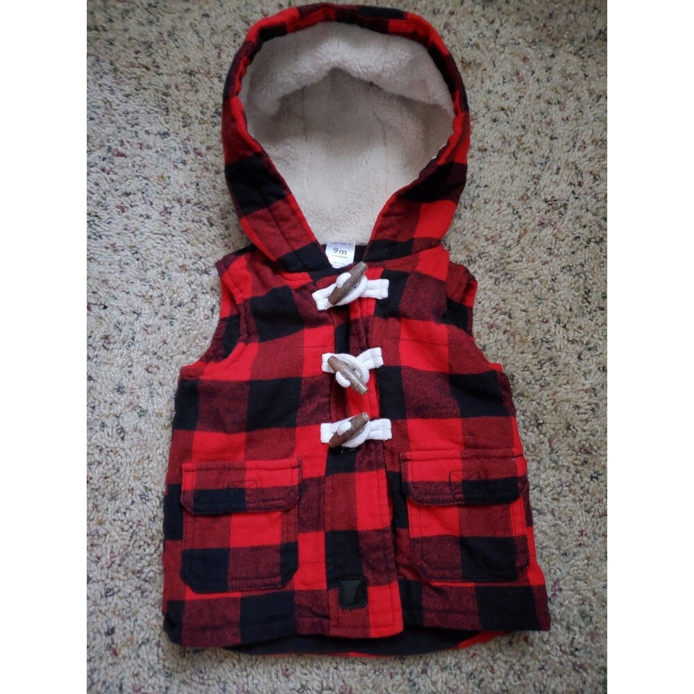 Boys 9 mo. Red/black buffalo plaid Carter's vest
